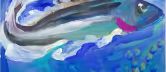 Colorful painting of a fish swimming in a vibrant blue ocean. The fish has bold, broad brushstrokes with shades of gray, black, and hints of pink against a swirling aquatic background with hints of green foliage below.