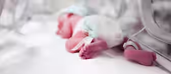 A newborn baby lies on its stomach in an incubator. The baby has an identification band on its wrist and ankle and is wearing a diaper. The incubator is made of clear plastic, allowing a view of the baby’s tiny body inside.