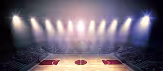A brightly lit, empty indoor basketball court is depicted with a polished wooden floor and red-marked key areas. The stands are filled with a cheering crowd under bright lights, creating an energetic atmosphere.