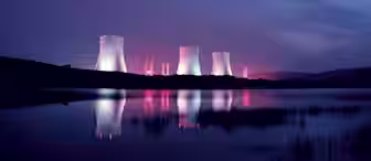 A nighttime scene of a power plant with four large cooling towers emitting steam. The towers and emission are illuminated in pink and white light, reflecting vividly in the calm water body in the foreground. The sky is a deep blue, fading towards the horizon.