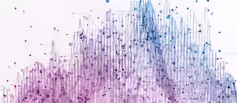 Abstract digital art depicting interconnected data points with lines forming a complex network. The gradient color scheme transitions from purple on the left to blue on the right, creating a sense of depth and motion against a white background.