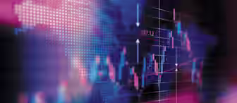 A digital graphic featuring a blurred map of the world overlaid with fluctuating stock market data and graphs. Blue and pink hues dominate the image, with various lines and numbers indicating financial metrics and trends.