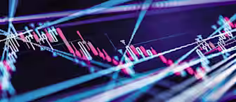 A digital graphic depicts a financial chart with candlestick patterns in blue and red, suggesting stock market data. The image is overlaid with diagonal lines of light, creating a dynamic, futuristic atmosphere.