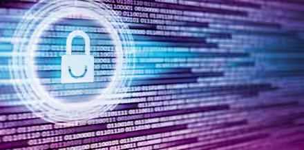 A glowing lock icon is centered against a background of binary code (1s and 0s), symbolizing digital security. The binary code is displayed in horizontal lines, with shades of blue and purple creating a dynamic, futuristic appearance.