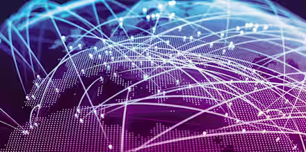 A digital representation of a globe with interconnected points and flowing lines in blue and purple tones. These lines symbolize global connectivity and data exchange across different regions. The image has a futuristic and high-tech aesthetic.