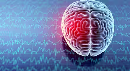 A 3D rendering of a human brain with a red highlighted area, set against a background of brainwave patterns on a grid. The image suggests a focus on neurological activity or brain health.
