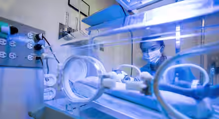 A nurse in a mask looks at a newborn baby lying inside an incubator under blue light therapy in a hospital neonatal intensive care unit. Medical equipment and controls are visible on the wall.