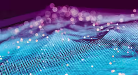 A vivid digital illustration blending grids, bright light dots, and wave-like patterns in shades of blue, purple, and pink. It gives an impression of a futuristic or technological landscape, with interconnected nodes and a dynamic, flowing design.