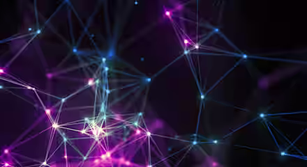 A digital illustration of interconnected lines and nodes in a network-like structure. The lines are mainly blue and purple, and the nodes glow with varying intensities, creating a vibrant web against a dark background, evoking themes of connectivity and technology.