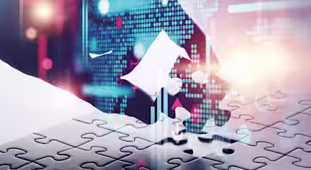A hand places a puzzle piece into a partially completed puzzle, overlaid with a digital depiction of a world map, graphs, and data charts. The image represents the integration of technology and global collaboration. Various data points and statistics are visible.