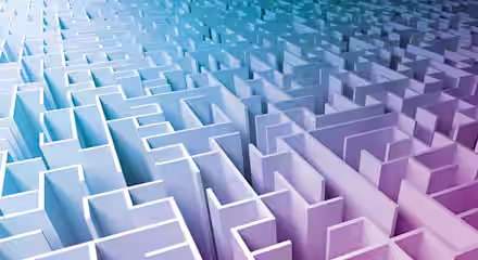 A 3D-rendered maze with high walls, transitioning in color from white to purple, and then to blue towards the top of the image. The perspective shows the maze spreading out with various intricate paths and dead ends.