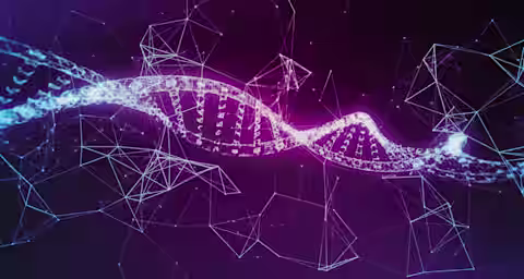 A digital illustration of a DNA double helix with a glowing purple and blue color scheme. Surrounding the DNA strand are interconnected lines and points forming a geometric network. The background is a dark gradient, enhancing the vibrant colors and the futuristic aesthetic.