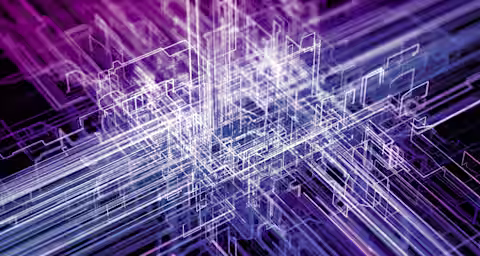 A complex digital artwork featuring a network of intersecting, translucent lines and shapes in hues of purple, blue, and white, creating a three-dimensional, abstract pattern that resembles a futuristic circuit board or metropolis.