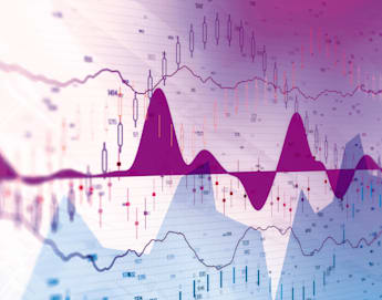 A colorful financial chart displaying various candlestick graphs, line graphs, and data points representing market trends. The chart has a gradient background transitioning from pink to blue, with multiple layers of data visualization overlapping each other.