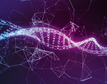 A digital illustration of a DNA double helix with a glowing purple and blue color scheme. Surrounding the DNA strand are interconnected lines and points forming a geometric network. The background is a dark gradient, enhancing the vibrant colors and the futuristic aesthetic.