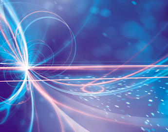 Abstract image depicting a dynamic burst of white light at the left emanating multiple swirling paths of blue, pink, and purple rays. The background is a gradient of deep blue, creating a sense of motion and energy.