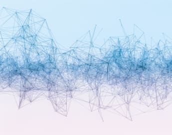 A digital abstract image displaying a web of interconnected blue lines and nodes against a gradient background that transitions from light pink at the bottom to light blue at the top. The lines form irregular geometric shapes, creating a complex, network-like structure.