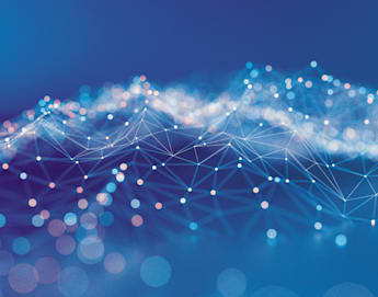 A digital abstract image depicts a network of interconnected points and lines forming a complex mesh against a blue, gradient background. Glowing nodes and soft, bokeh-like lights enhance the futuristic and dynamic feel, suggesting data or technological connectivity.