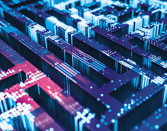 Close-up view of a blue and pink lit circuit board with intricate patterns and interconnected pathways. The lines and components are illuminated, creating a futuristic and complex appearance, suggesting advanced technology or electronic design.