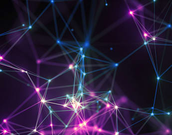 A digital illustration of interconnected lines and nodes in a network-like structure. The lines are mainly blue and purple, and the nodes glow with varying intensities, creating a vibrant web against a dark background, evoking themes of connectivity and technology.