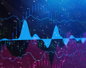 A complex financial chart displays various fluctuating stock prices and trading volumes in blue, green, red, and purple lines and bars. Multiple overlays of line graphs and bar charts represent different market trends and data points against a dark grid background.