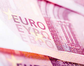 Close-up image of several overlapping Euro banknotes. The focus is on the word "EURO" and the detailed security features, including engravings and color patterns, that are visible under magnification. The overall tone is pinkish-red with crisp, sharp lines.