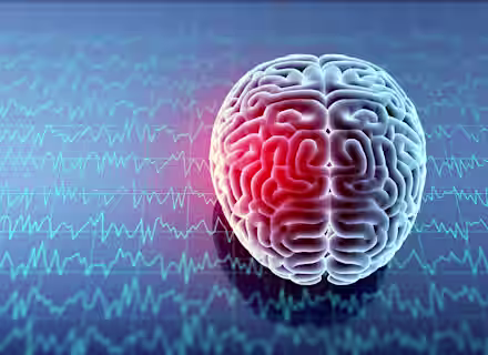 A 3D rendering of a human brain with a red highlighted area, set against a background of brainwave patterns on a grid. The image suggests a focus on neurological activity or brain health.