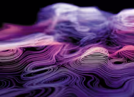Abstract image of wavy, colorful lines resembling a topographic map or digital terrain. Lines vary in hues of purple, pink, and white, creating an impression of fluid, flowing motion against a dark background.