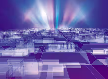 A futuristic cityscape with glowing grids and structures under a radiant sky. The image features abstract, geometric shapes in purple and blue hues, creating a digital, sci-fi atmosphere.