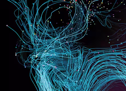 Digital illustration featuring an abstract network of interconnected blue lines against a dark background, with colorful dots scattered throughout. The lines form intricate patterns, suggesting complexity and dynamic movement.