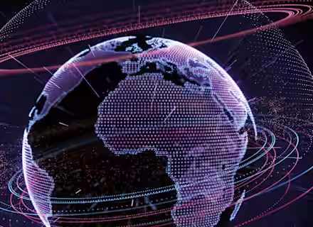 A digital, stylized image of Earth with a focus on Africa, depicted in a mesh of glowing dots and lines. Surrounding the planet are illuminated rings and data streams, giving a futuristic and high-tech appearance. The background is dark, enhancing the visual impact.