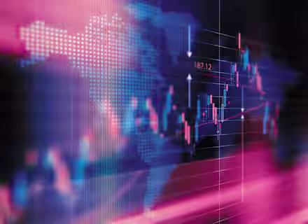 A digital rendering of a world map overlaid with financial graphs and data points. The image features blue and pink hues, with fluctuating lines and numerical figures indicative of stock market movements. A bright spot highlights the number 187.12.