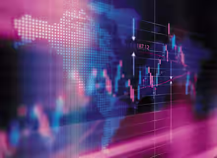 A digital depiction of a world map with dynamic, fluctuating financial data superimposed in the form of graphs, lines, and numbers. The image has a pink and blue color scheme, creating a futuristic and abstract representation of global financial markets.