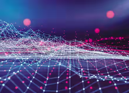 A digital landscape of interconnected lines and dots forms a 3D grid, with neon blue and red highlights against a dark, gradient background. The image suggests data visualization, futuristic technology, or a networked system.