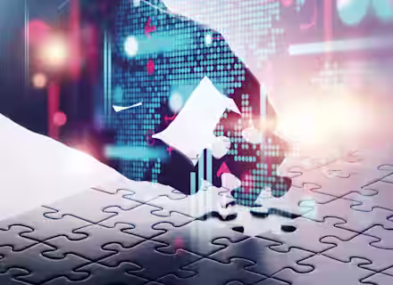 A hand places a puzzle piece into a partially completed puzzle, overlaid with a digital depiction of a world map, graphs, and data charts. The image represents the integration of technology and global collaboration. Various data points and statistics are visible.