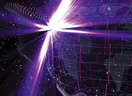 A digital art piece featuring a futuristic and abstract design with bright white light at the center, radiating purple and blue hues. The composition includes dynamic lines, dots, and patterns resembling waves, giving a sense of motion and energy.