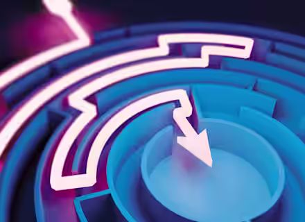 A close-up digital rendering of a bright neon arrow navigating through a blue labyrinth towards the center. The arrow and maze are outlined in glowing light, creating a vibrant contrast against the dark background.