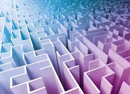 A 3D-rendered maze with high walls, transitioning in color from white to purple, and then to blue towards the top of the image. The perspective shows the maze spreading out with various intricate paths and dead ends.