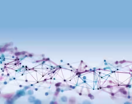 Abstract digital network illustration with interconnecting blue and purple lines and dots forming geometric shapes against a gradient blue background. The image evokes a sense of technology and connectivity.