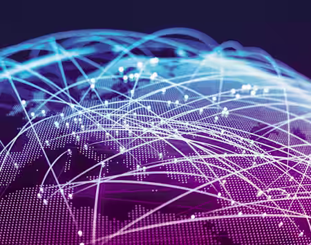 A digital representation of a globe with interconnected points and flowing lines in blue and purple tones. These lines symbolize global connectivity and data exchange across different regions. The image has a futuristic and high-tech aesthetic.