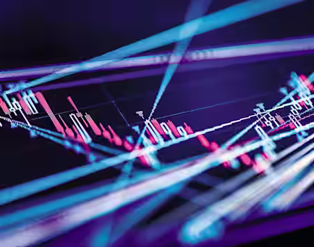 A digital graphic depicts a financial chart with candlestick patterns in blue and red, suggesting stock market data. The image is overlaid with diagonal lines of light, creating a dynamic, futuristic atmosphere.