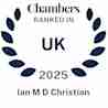 A graphic showing text "Chambers Ranked in UK 2025" with laurel leaves around the text. Below, it reads "Ian M D Christian.
