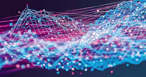 A complex digital illustration featuring interconnected lines and dots in vibrant shades of blue, pink, and red on a dark background. The lines form a wave-like, three-dimensional network, evoking themes of data visualization and technology.