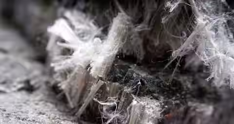 Close-up of white, fibrous mineral asbestos strands embedded in dark rock, showing the fine, thread-like texture and structure of the fibers.
