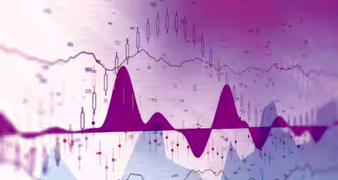 A colorful financial chart displaying various candlestick graphs, line graphs, and data points representing market trends. The chart has a gradient background transitioning from pink to blue, with multiple layers of data visualization overlapping each other.