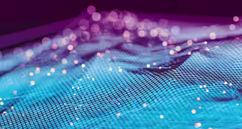 A vivid digital illustration blending grids, bright light dots, and wave-like patterns in shades of blue, purple, and pink. It gives an impression of a futuristic or technological landscape, with interconnected nodes and a dynamic, flowing design.