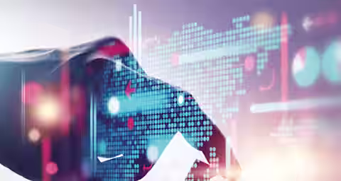 A hand places a puzzle piece into a partially completed puzzle, overlaid with a digital depiction of a world map, graphs, and data charts. The image represents the integration of technology and global collaboration. Various data points and statistics are visible.