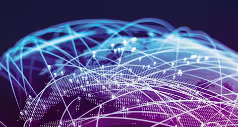 A digital representation of a globe with interconnected points and flowing lines in blue and purple tones. These lines symbolize global connectivity and data exchange across different regions. The image has a futuristic and high-tech aesthetic.