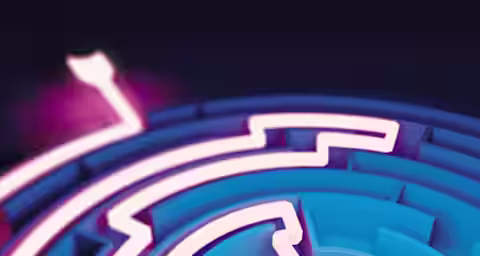 A close-up digital rendering of a bright neon arrow navigating through a blue labyrinth towards the center. The arrow and maze are outlined in glowing light, creating a vibrant contrast against the dark background.