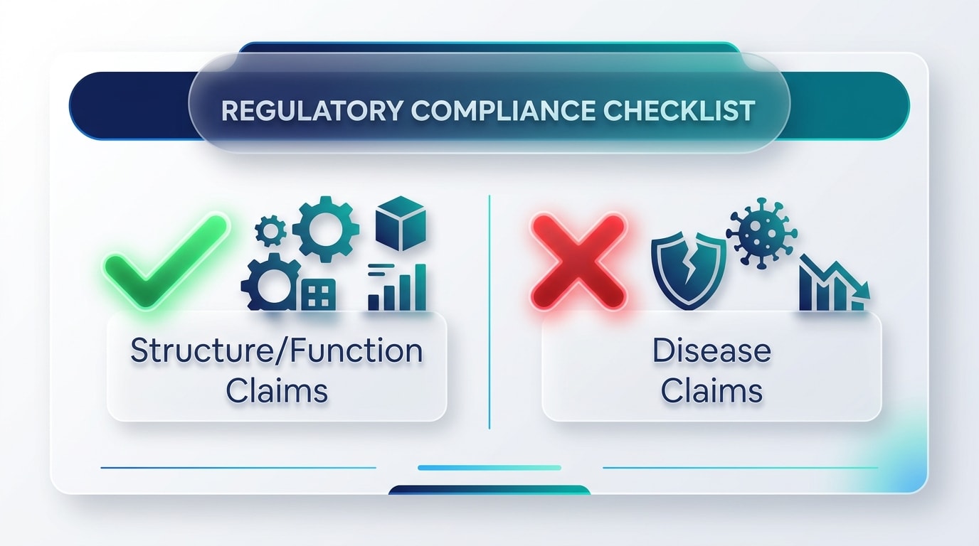 A checklist graphic showing a green checkmark next to structure/function claims and a red X next to disease claims